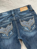 Vintage low rise Guess denim jeans for women, Elektra Vintage, featuring classic 2000s style and blue denim fabric.