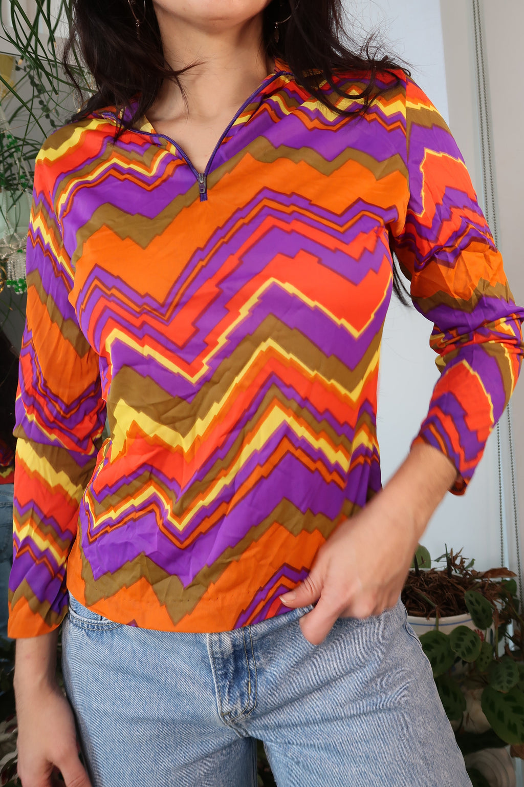 Vintage 70s Orange and Purple Funky Pattern Quarter Zip