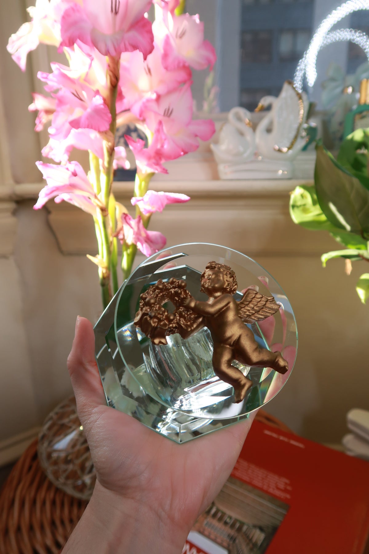 Vintage Glass Cherub Votive Candle Holder with Mirrored Back Hollywood Regency Decor
