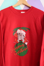 Load image into Gallery viewer, Vintage 90s Seasons Greetings Mouse Sweatshirt – Red Graphic Holiday Crewneck
