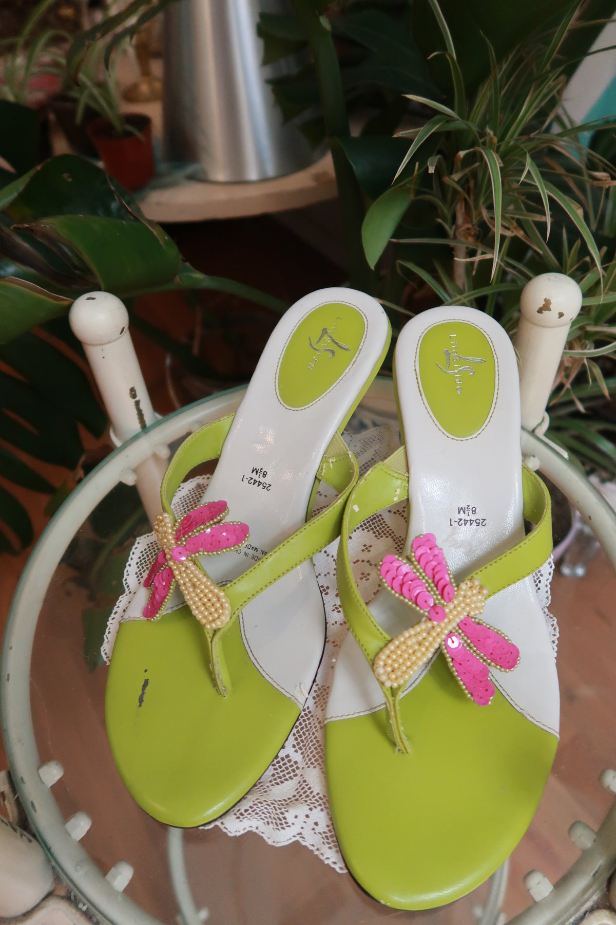 Vintage Y2K Lime Green Dragonfly Kitten Heel Sandals