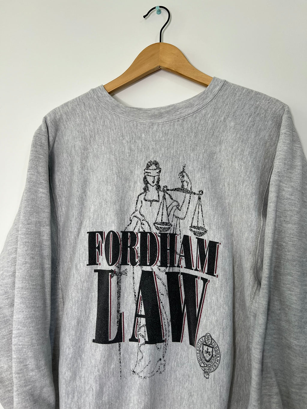 Vintage Fordham Law graphic crewneck sweater by Elektra Vintage, featuring a classic law school design on soft knit fabric.