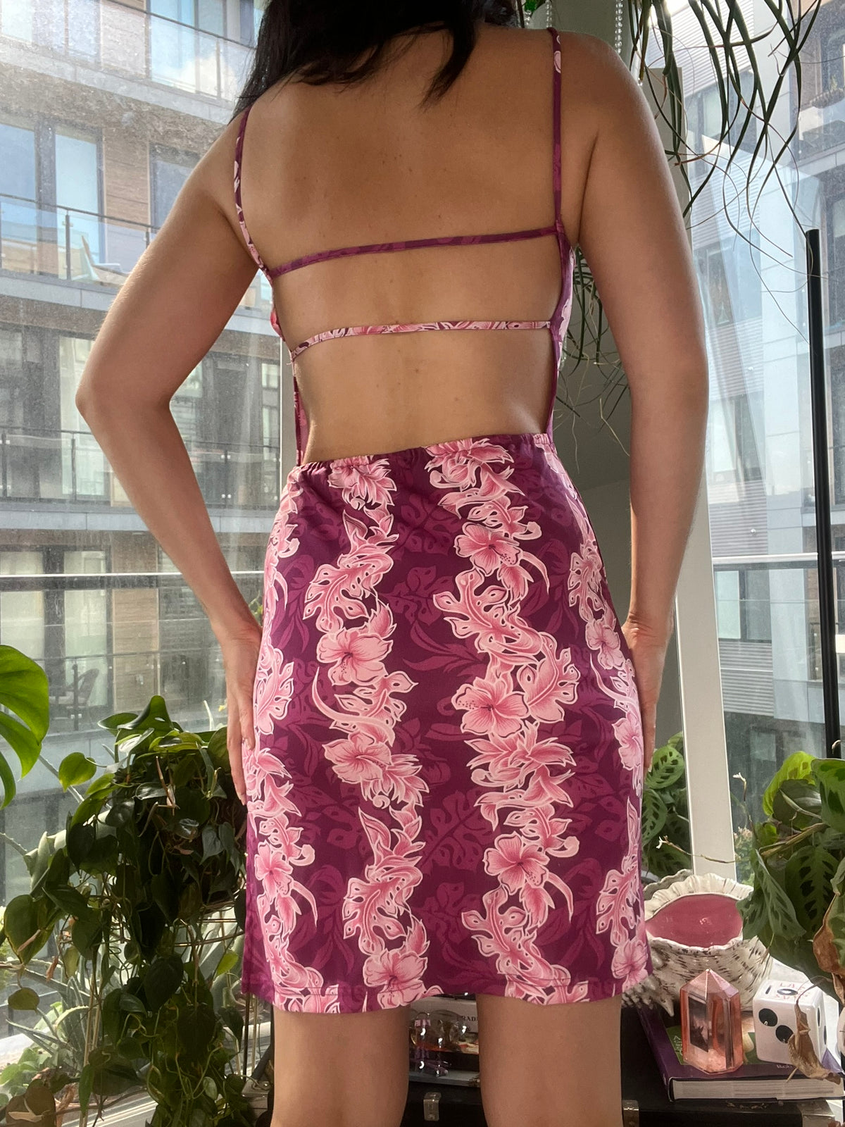 Y2K vintage tropical floral open back midi dress by Elektra Vintage, featuring vibrant tropical print and open back design.