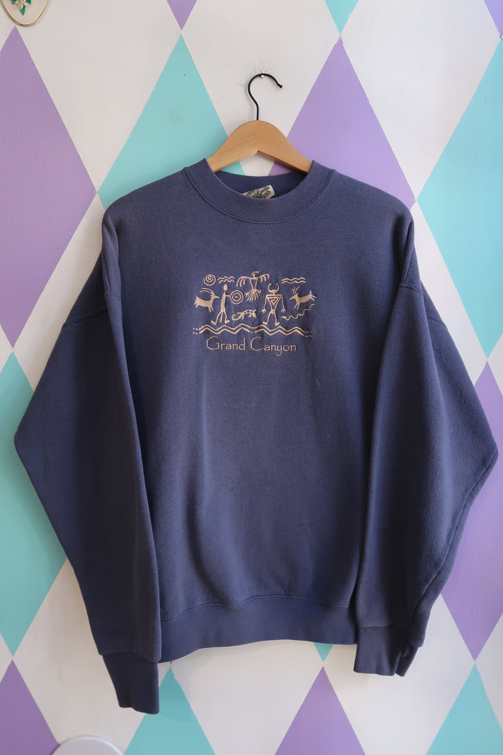Vintage 90s Grand Canyon Graphic Sweatshirt – Navy Blue Southwestern Crewneck - Elektra Vintage