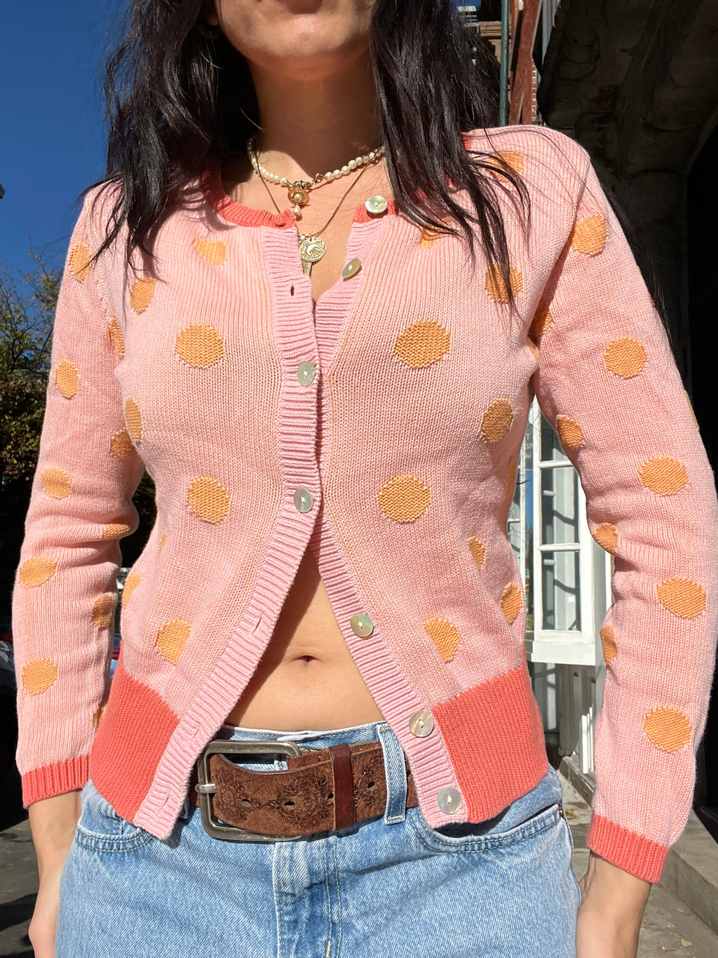 Vintage Talbots polka dot knit cardigan for women, featuring a classic design and button-up style from Elektra Vintage.