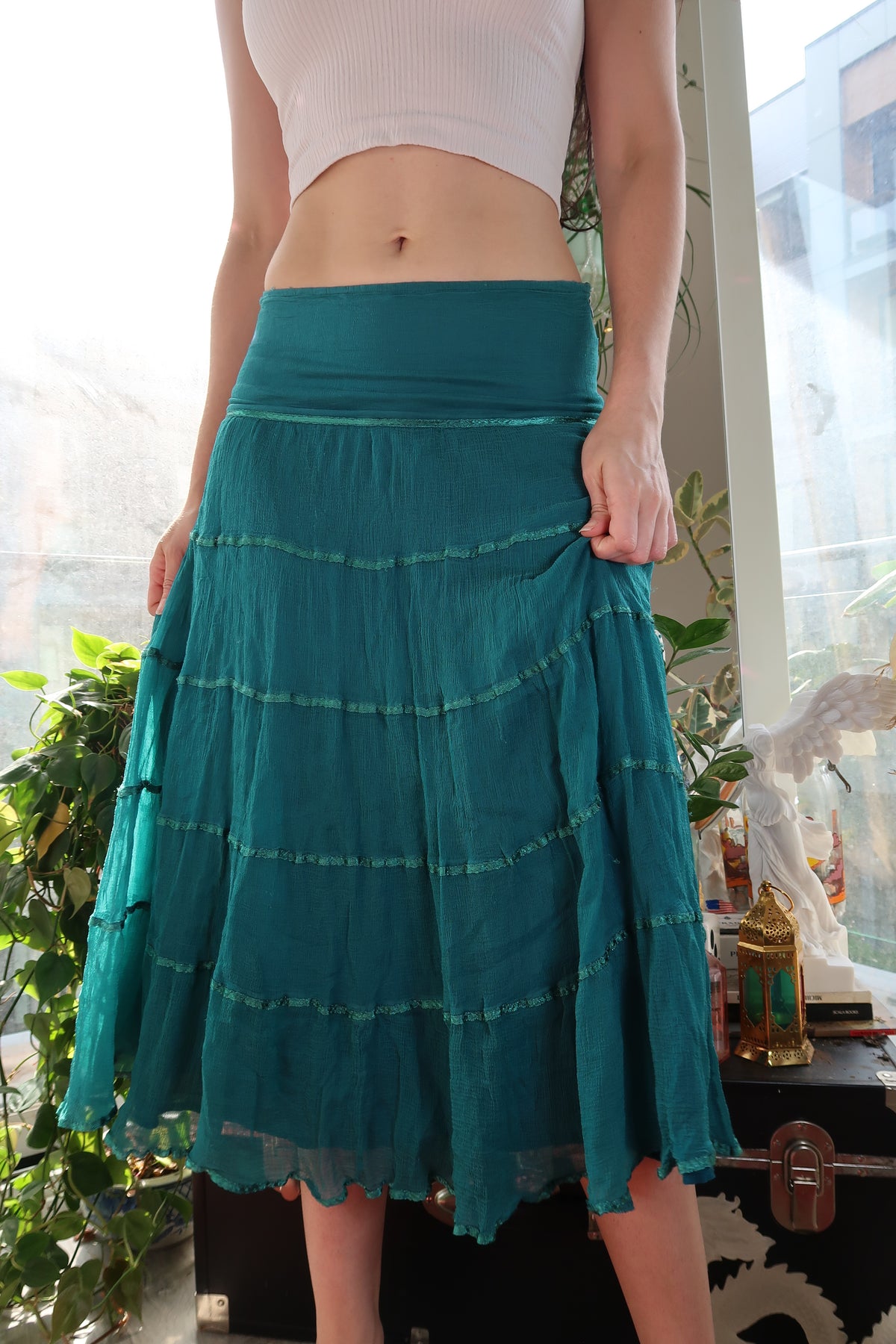 Vintage Teal Tiered Crepe Midi Skirt
