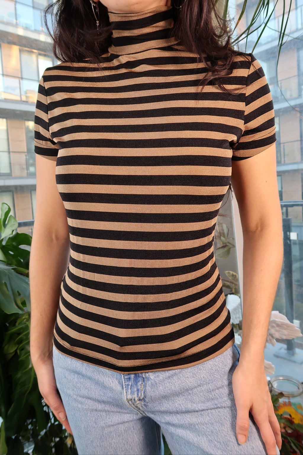 Vintage Slinky Tan and Black Striped Mockneck Top