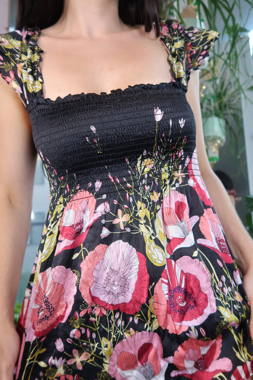 Vintage Guess 100% Silk Floral Babydoll Top – Smocked Bust & Ruffle Sleeves - Elektra Vintage