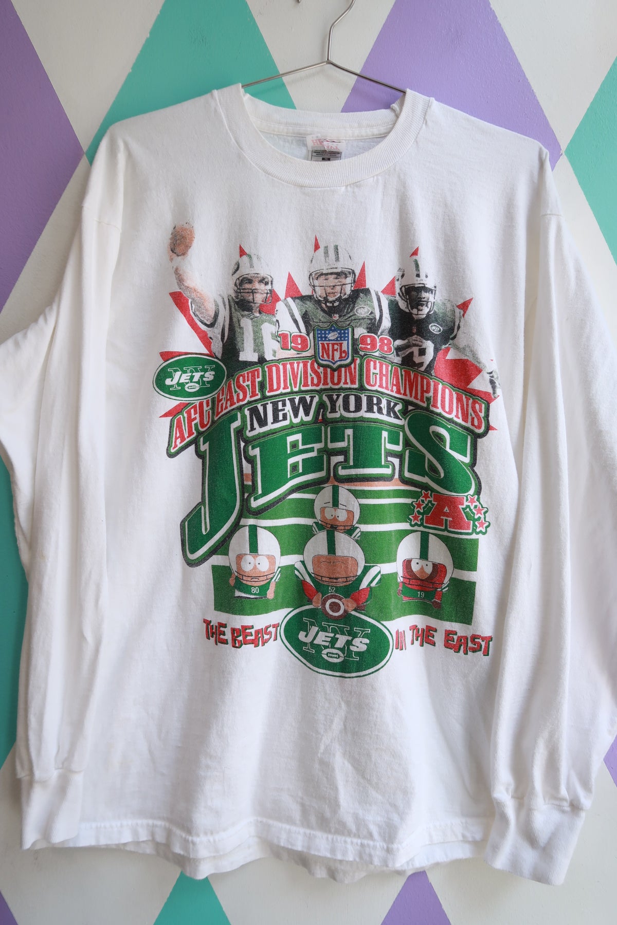 Vintage 1998 New York Jets South Park graphic men's long sleeve tee by Elektra Vintage, featuring AFC East Champions design.