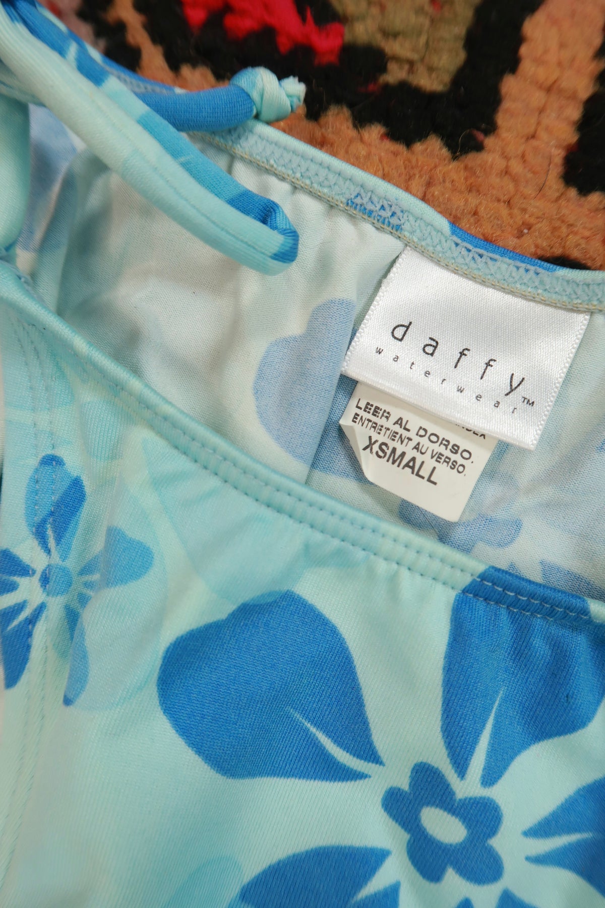 Vintage 2000s Elektra Vintage blue floral triangle bikini set with matching bottoms, featuring vibrant floral print and classic swimwear style.