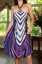 Load image into Gallery viewer, Vintage Y2K purple abstract strapless smocked midi dress by Elektra Vintage, featuring a fitted bodice and flowing skirt.
