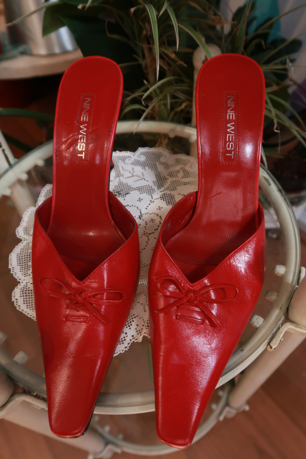 Vintage Nine West Red Leather Pointed Toe Kitten Heels