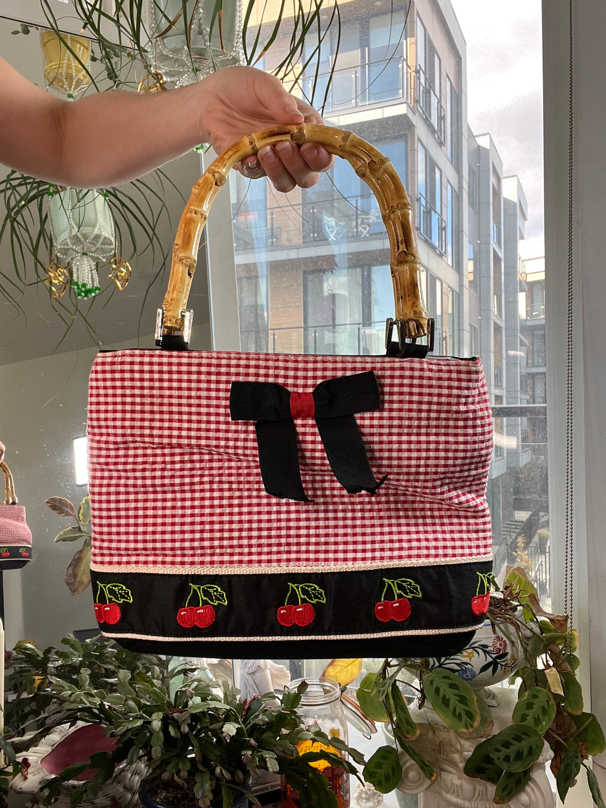 Vintage 2000s Gingham Cherry Bag by Elektra Vintage featuring bamboo handles and a classic retro design.