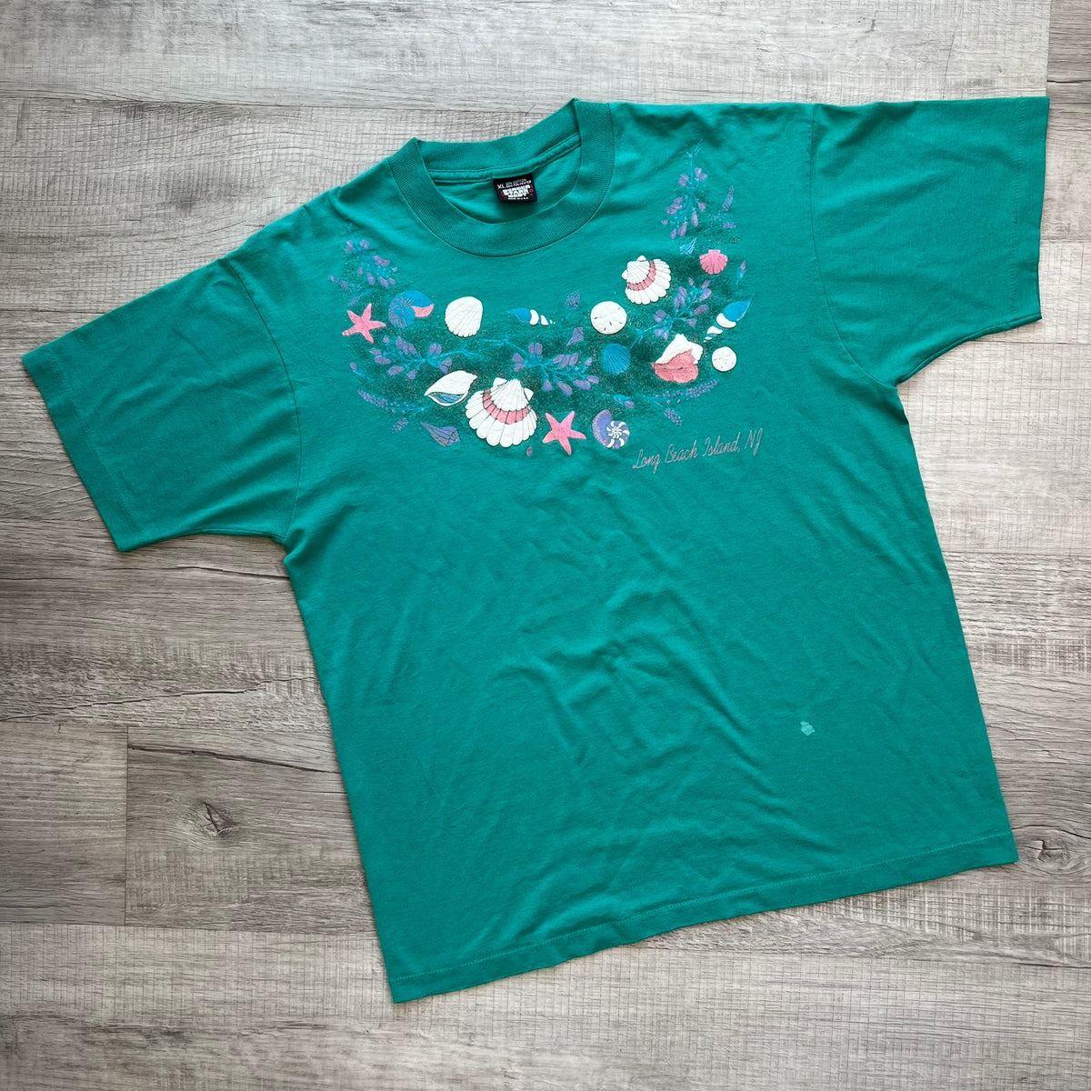 Long Beach Island Seashell Graphic Tee - Vibrant Teal Beach Souvenir Tee by Screen Stars Best - Elektra Vintage