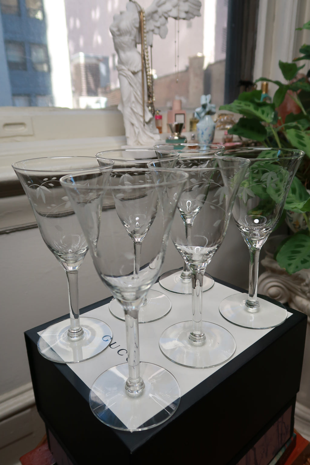 Vintage Etched Floral Wine Glasses Set of 6