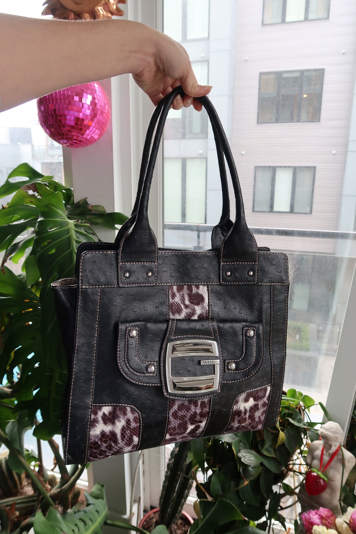 Vintage 2000s Guess snakeskin tote bag by Elektra Vintage, featuring a textured snakeskin pattern and spacious design.
