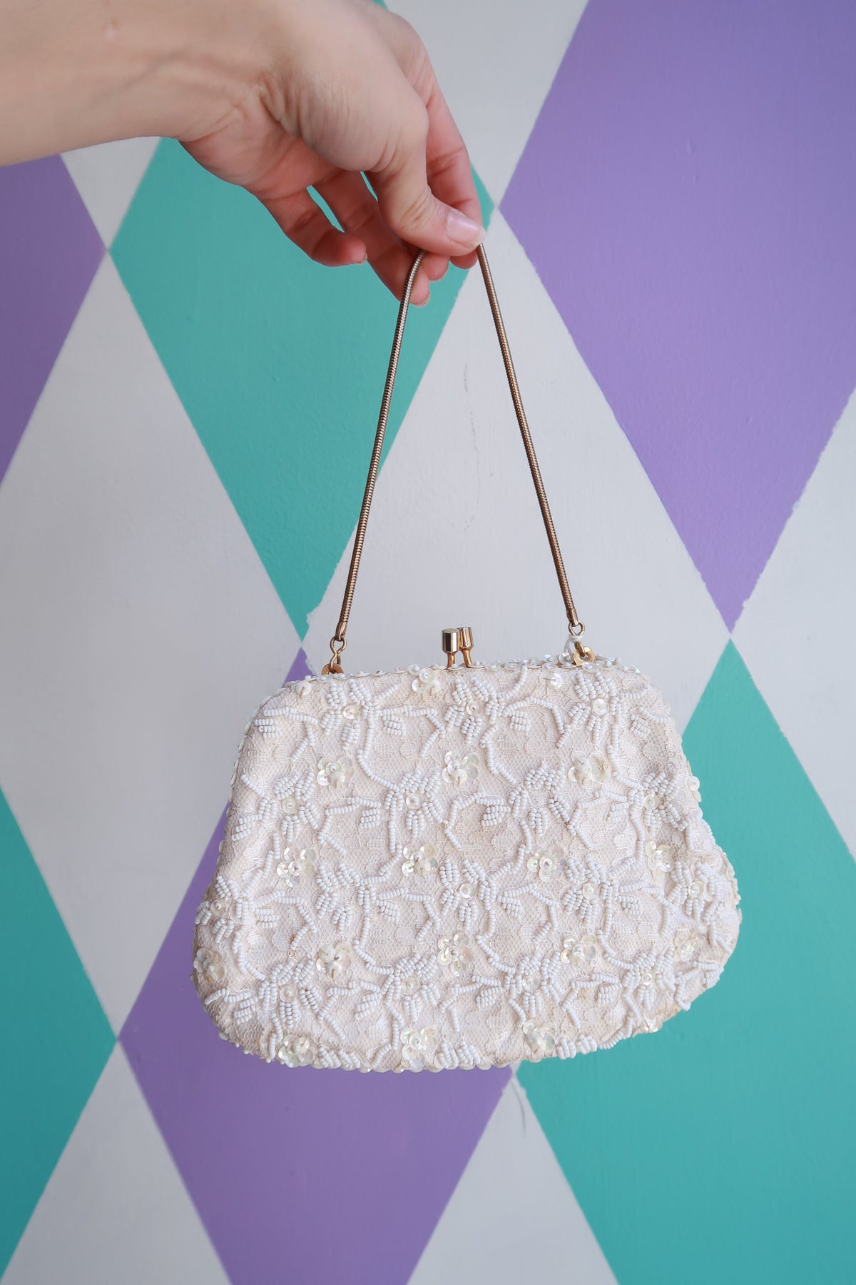 Vintage Elektra Ivory beaded evening bag with floral sequin top handle, bridal purse, elegant floral design, and intricate craftsmanship.