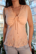 Y2K Peach Embroidered Eyelet Tank Top – Vintage Sleeveless Boho Blouse