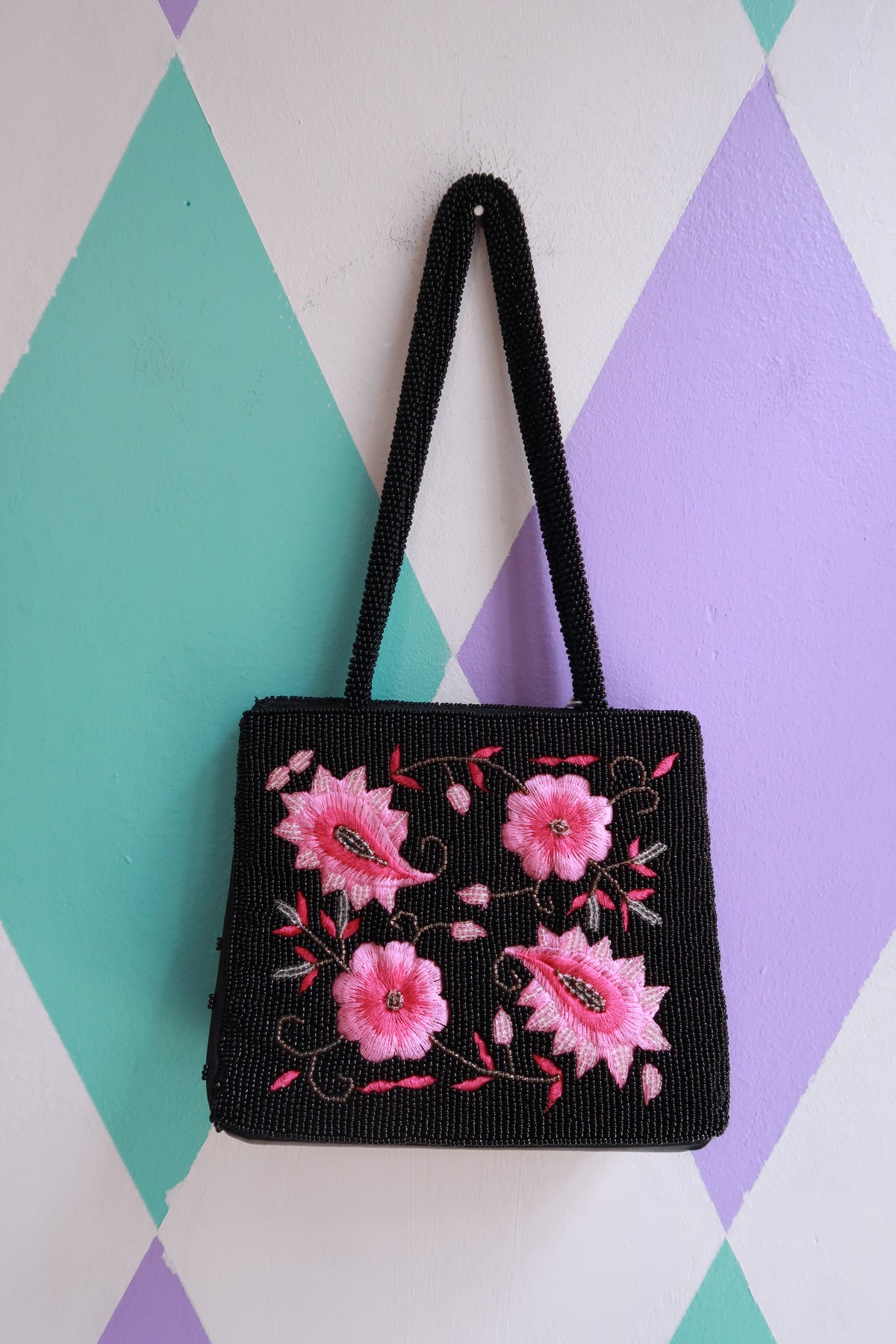 Vintage 2000s black beaded floral handbag with pink embroidery, mini purse style, by Elektra Vintage, Y2K statement bag.