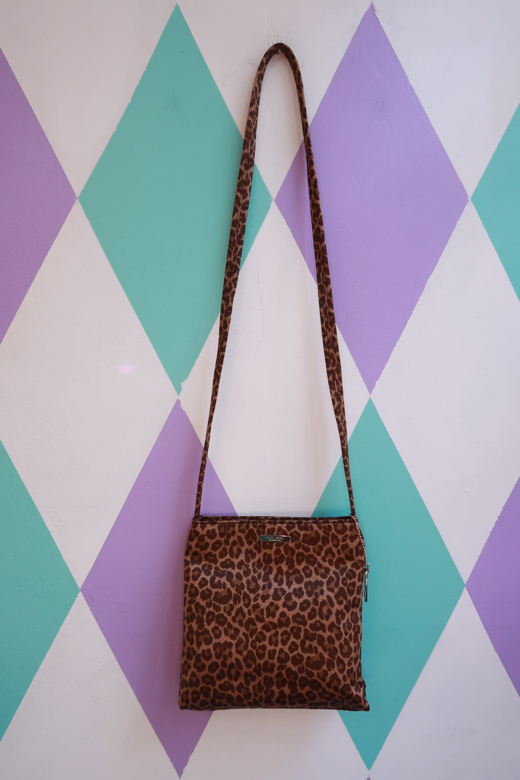 Vintage Nine West leopard print mini crossbody bag by Elektra Vintage, Y2K style shoulder purse with bold animal print and compact design.