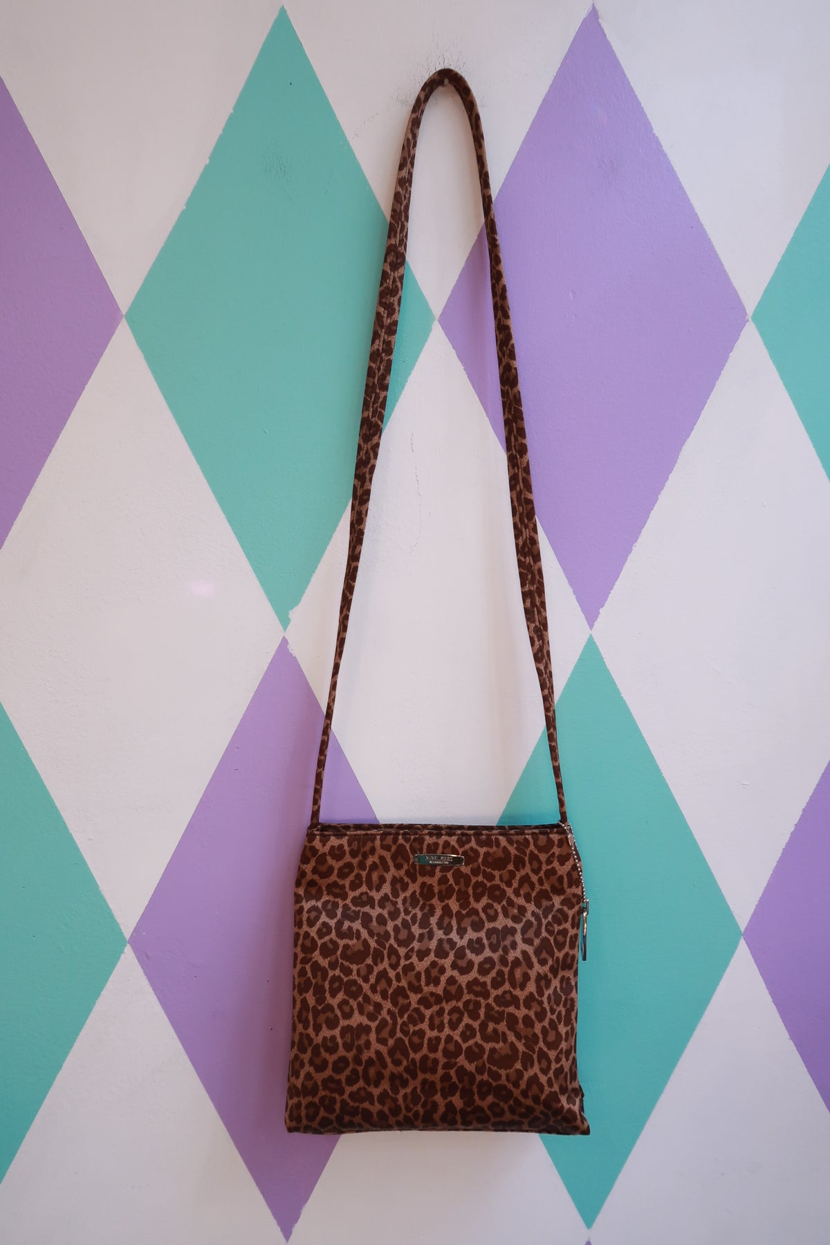 Vintage Nine West leopard print mini crossbody bag by Elektra Vintage, Y2K style shoulder purse with bold animal print and compact design.