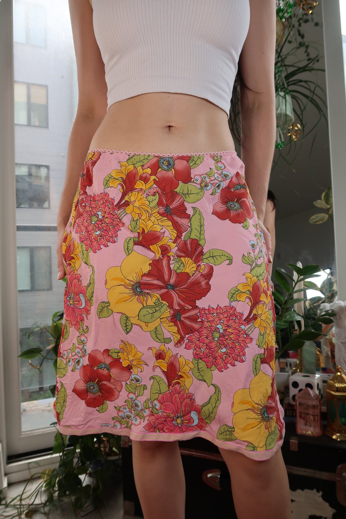 Vintage 2000s Pink Floral Midi Skirt