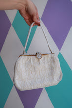 Load image into Gallery viewer, Ivory vintage 1960s Oberon Paris beaded handbag with gold frame, elegant bridal clutch evening purse by Elektra Vintage
