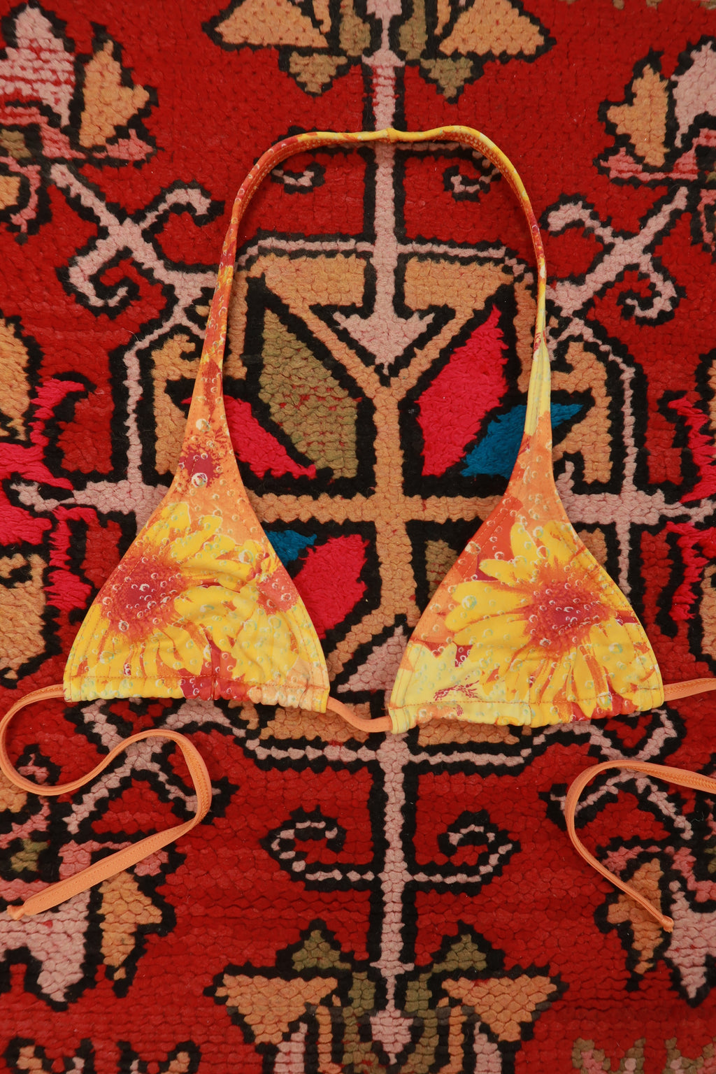 Vintage 2000s Brazilian sunflower print triangle bikini top for women by Elektra Vintage, featuring bright floral design.