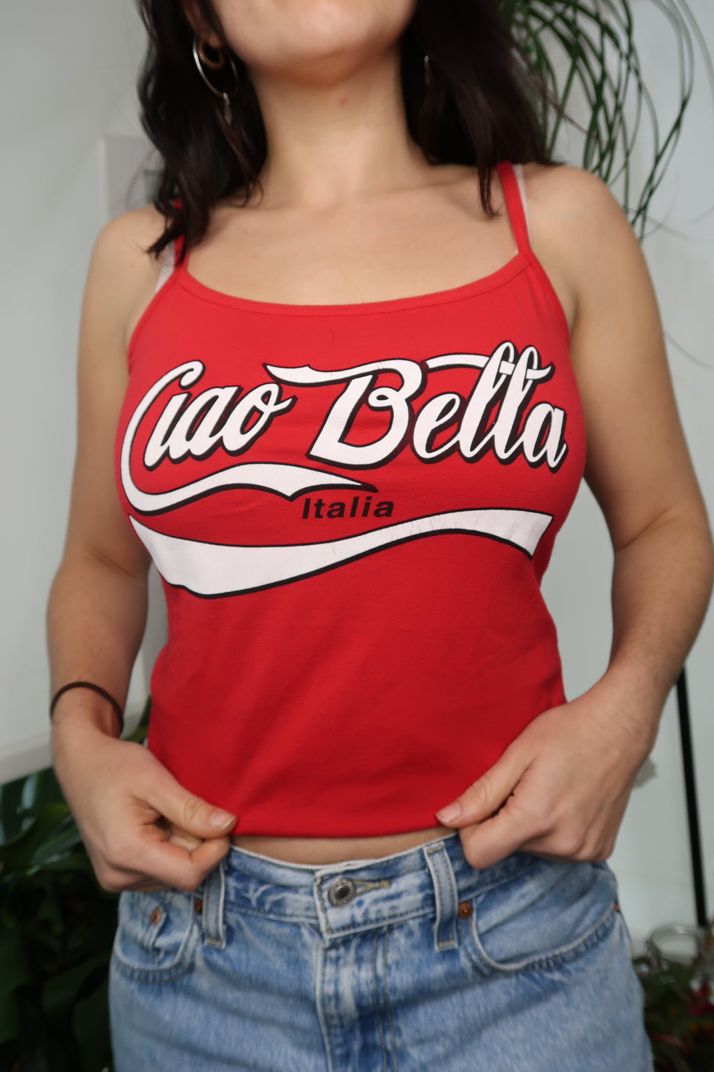 Deadstock Cherry Red Ciao Bella graphic tank top for women by Elektra Vintage, featuring bold cherry red color and vintage-style design.