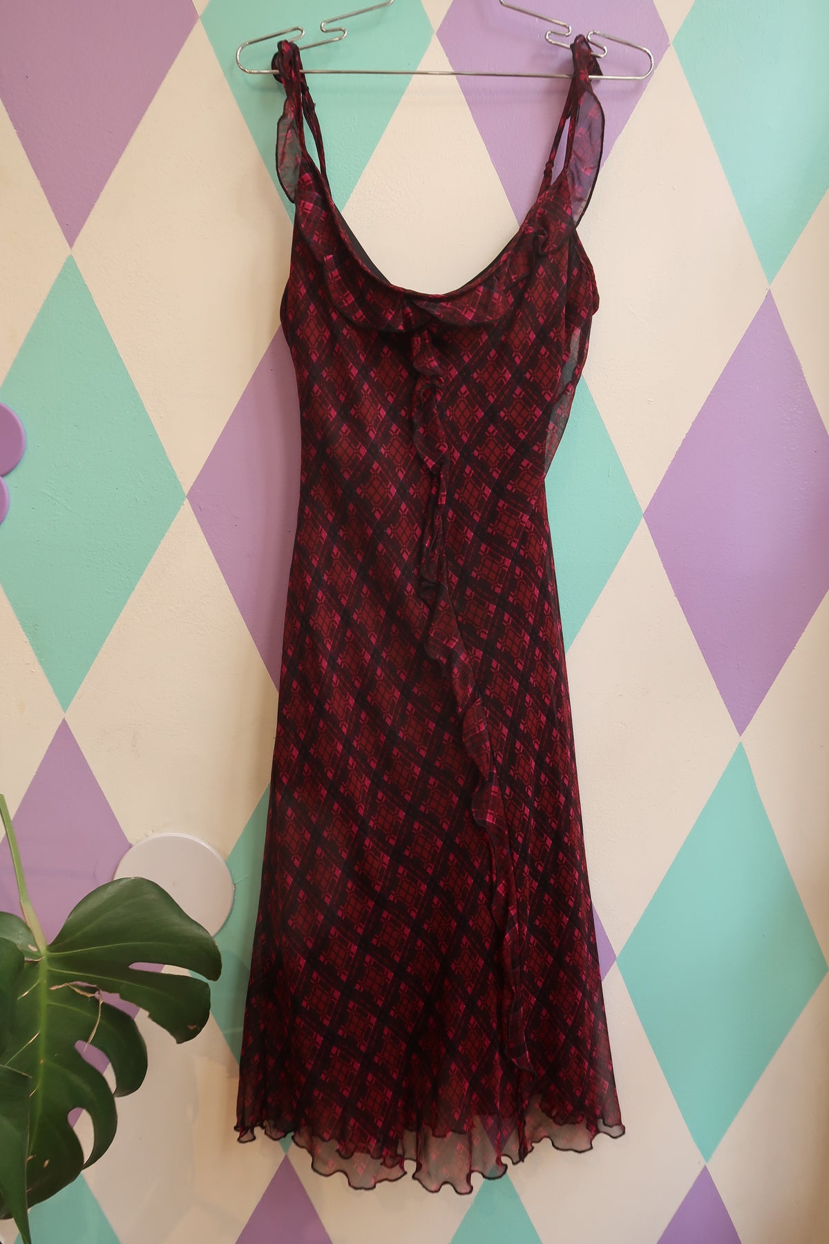 NWT Vintage Betsey Johnson 100% Silk Red Black Geometric Silk Dress with Ruffles