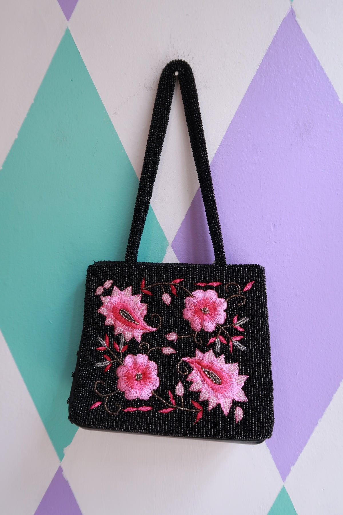 Vintage 2000s black beaded floral handbag by Elektra Vintage, pink embroidered mini purse, Y2K statement bag with intricate beadwork.