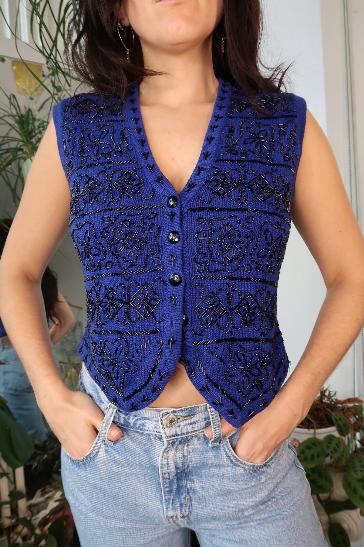 Vintage Beaded Blue Knit Sweater Vest