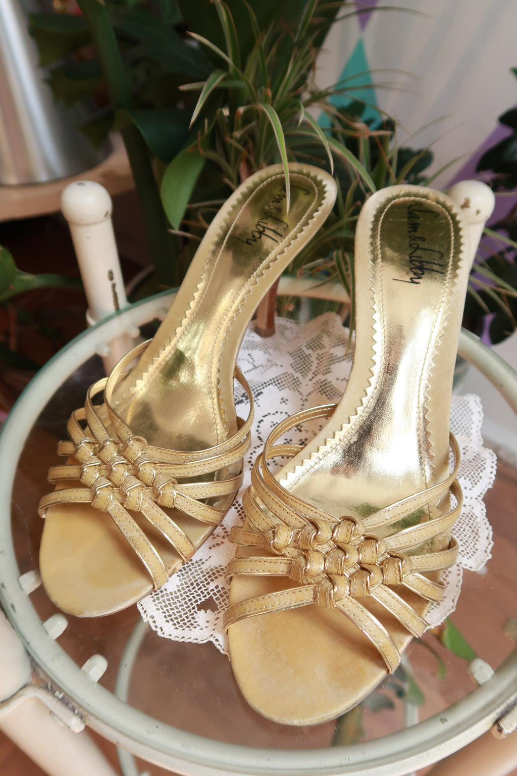 Vintage Y2K gold strappy mule heels by Elektra Vintage, stylish open-toe shoes with multiple thin straps and a block heel.