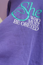 Load image into Gallery viewer, Vintage “She Who Must Be Obeyed” Graphic Sweatshirt – Purple with Teal Collar
