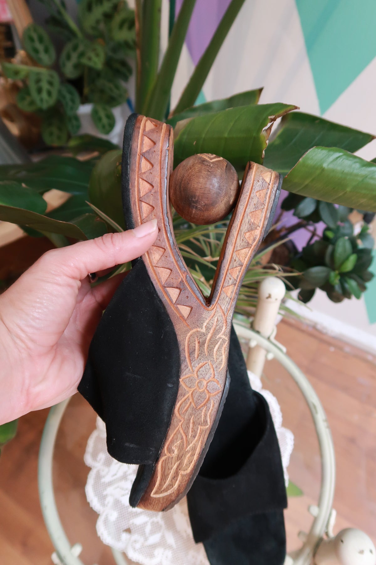 Vintage carved wooden platform wedge sandals by Elektra Vintage featuring natural wood textures and stylish design.
