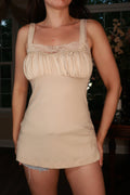 Vintage beige lace trim gathered bust women's cami top by Elektra Vintage, showing delicate lace details and soft fabric.