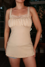 Load image into Gallery viewer, Vintage beige lace trim gathered bust women's cami top by Elektra Vintage, showing delicate lace details and soft fabric.
