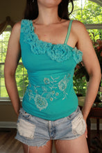 Load image into Gallery viewer, Elektra Vintage women's one-shoulder top with aqua floral embroidery, vintage Y2K style, featuring embroidered floral details.
