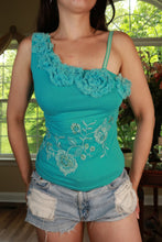 Load image into Gallery viewer, Elegant vintage Y2K aqua floral embroidered one-shoulder top for women by Elektra Vintage, featuring intricate floral details.

