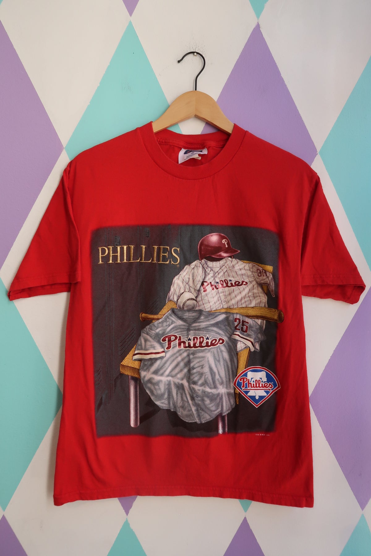 Women's vintage 1998 Philadelphia Phillies graphic tee in red by Elektra Vintage, featuring a retro baseball team design.