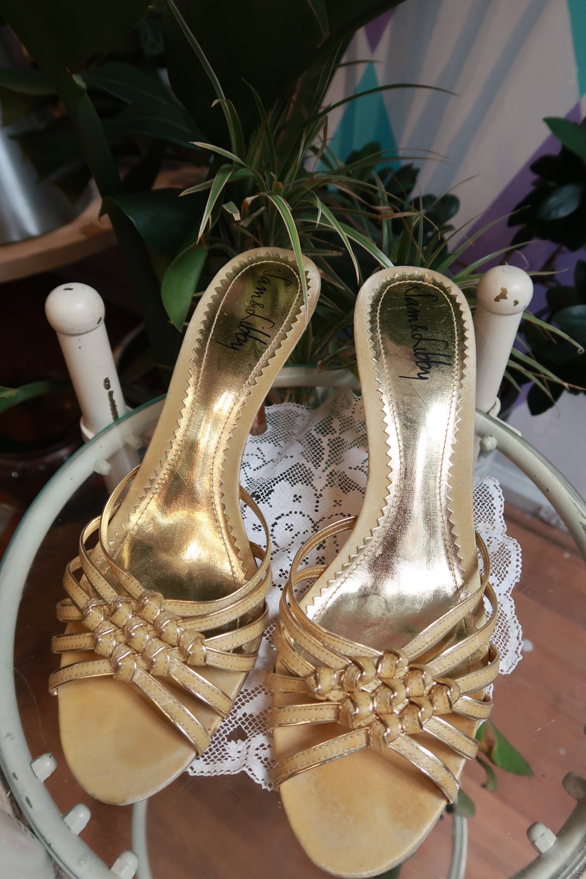 Vintage Y2K gold strappy mule heels by Elektra Vintage, showcasing shiny metallic finish and stylish open-back design.