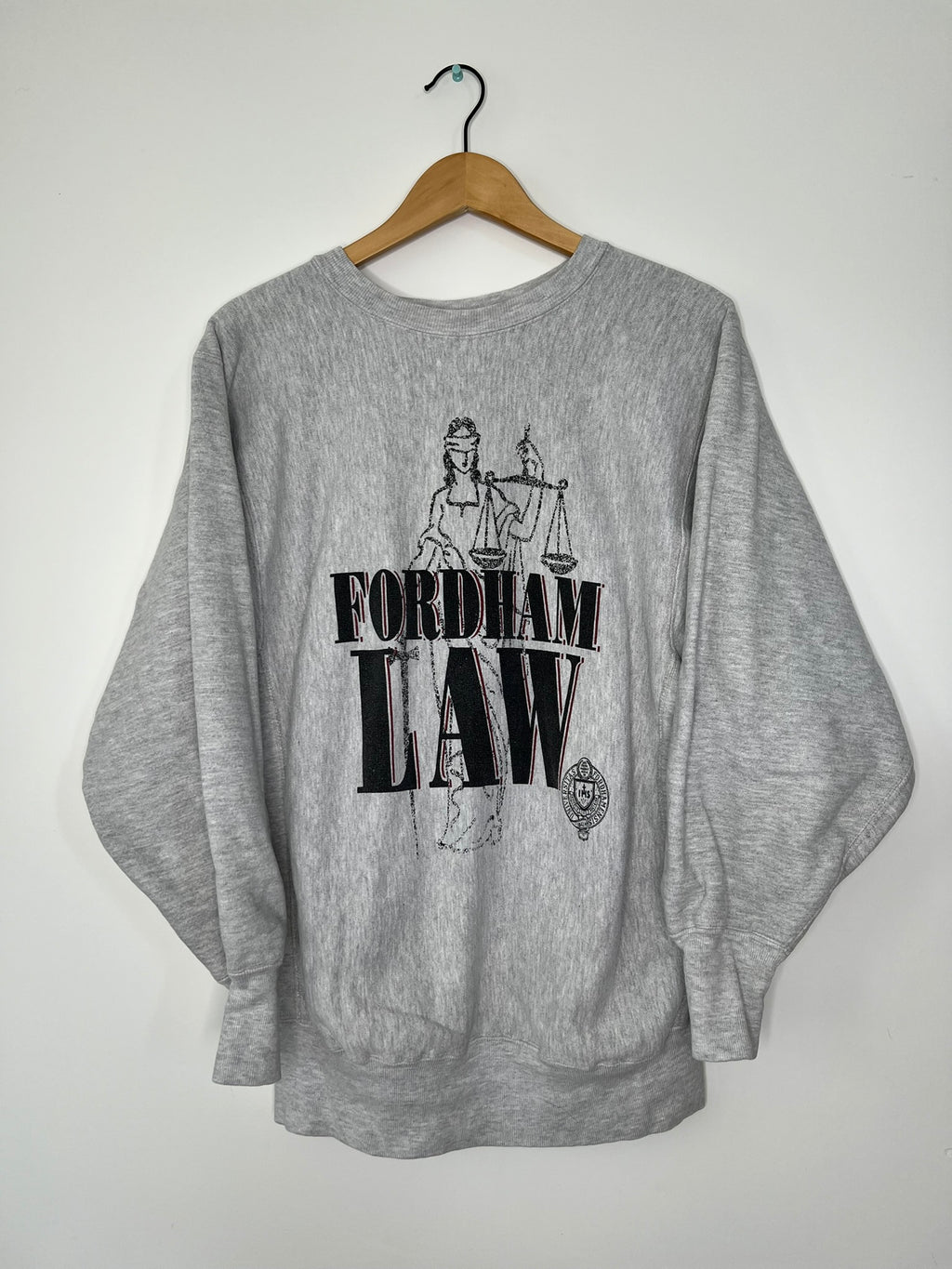 Vintage Fordham Law graphic crewneck sweater by Elektra Vintage, featuring a classic law school design on soft fabric.