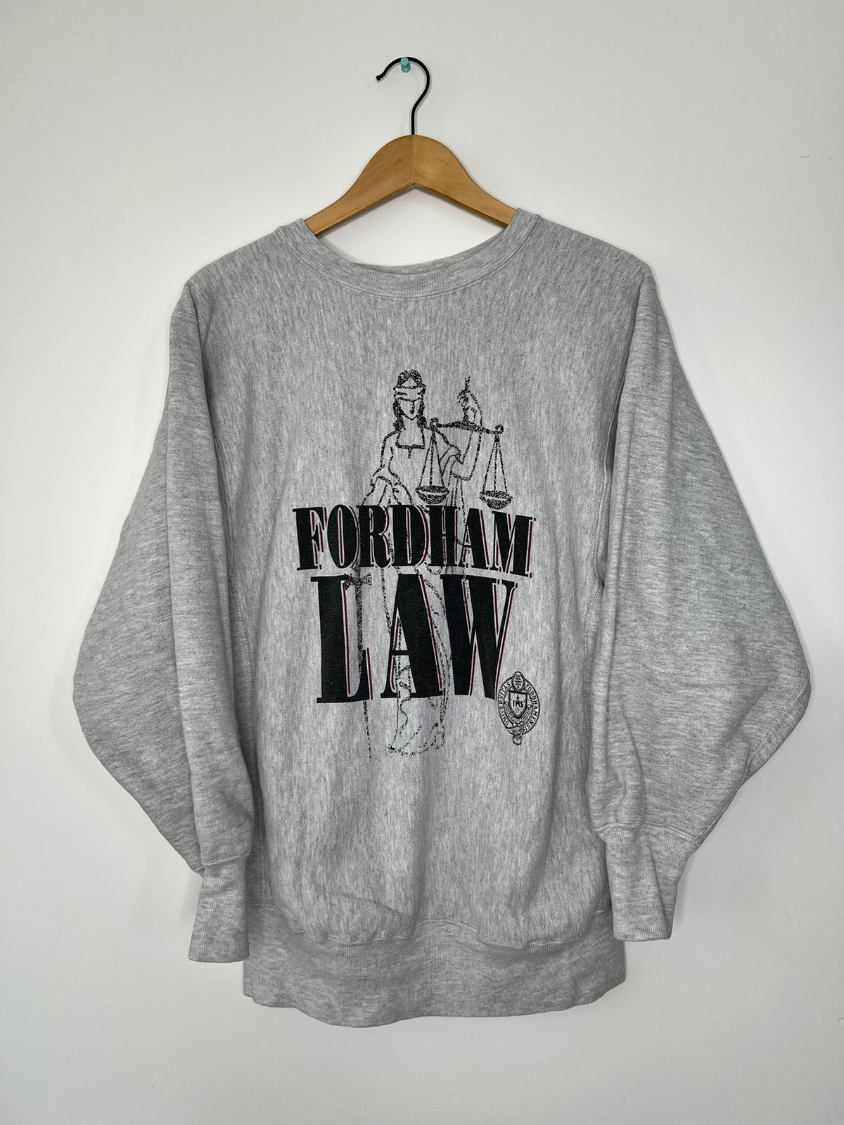 Vintage Fordham Law graphic crewneck sweater by Elektra Vintage, featuring a classic law school design on soft fabric.