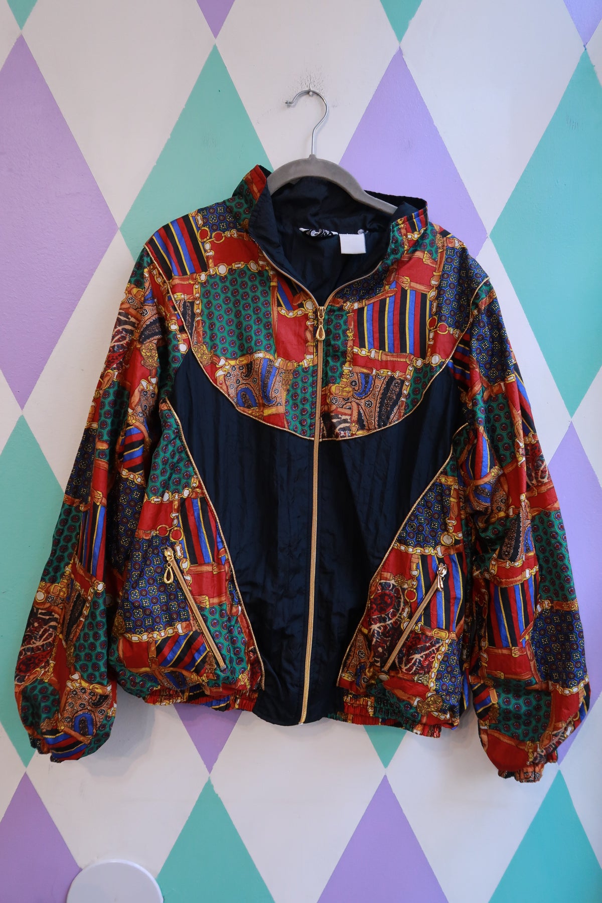 Vintage 90s Baroque Print Colorblock Windbreaker Jacket