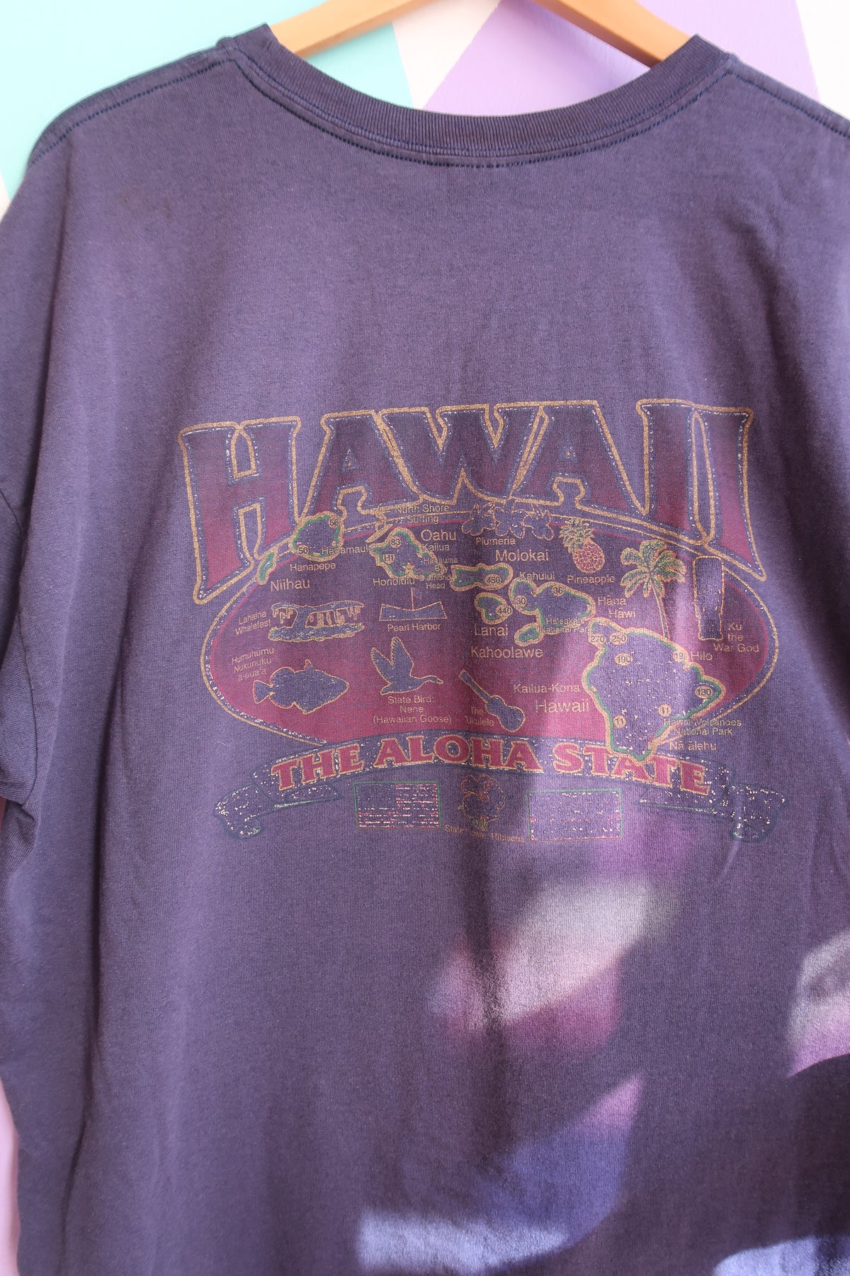 Vintage purple faded Hawaii graphic tee by Elektra Vintage, featuring a colorful tropical island print on soft cotton fabric.