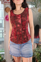 Load image into Gallery viewer, Vintage Red Floral Mesh Corset-Style Top – Panel Tank with Contrast Trim
