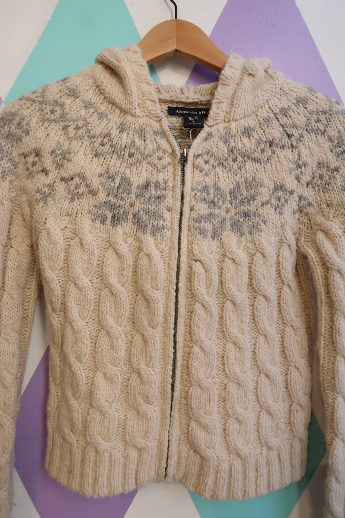 Vintage Abercrombie & Fitch 100% Wool Cable Knit Hoodie – Cream Nordic Fair Isle