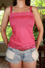 Load image into Gallery viewer, Vintage Y2K pink beaded lace trim cami tank top for women, stylish Elektra Vintage top with intricate beaded details and lace accents.
