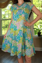 Load image into Gallery viewer, Vintage cotton floral patchwork midi dress by Elektra Vintage, featuring a classic design with colorful floral patterns.
