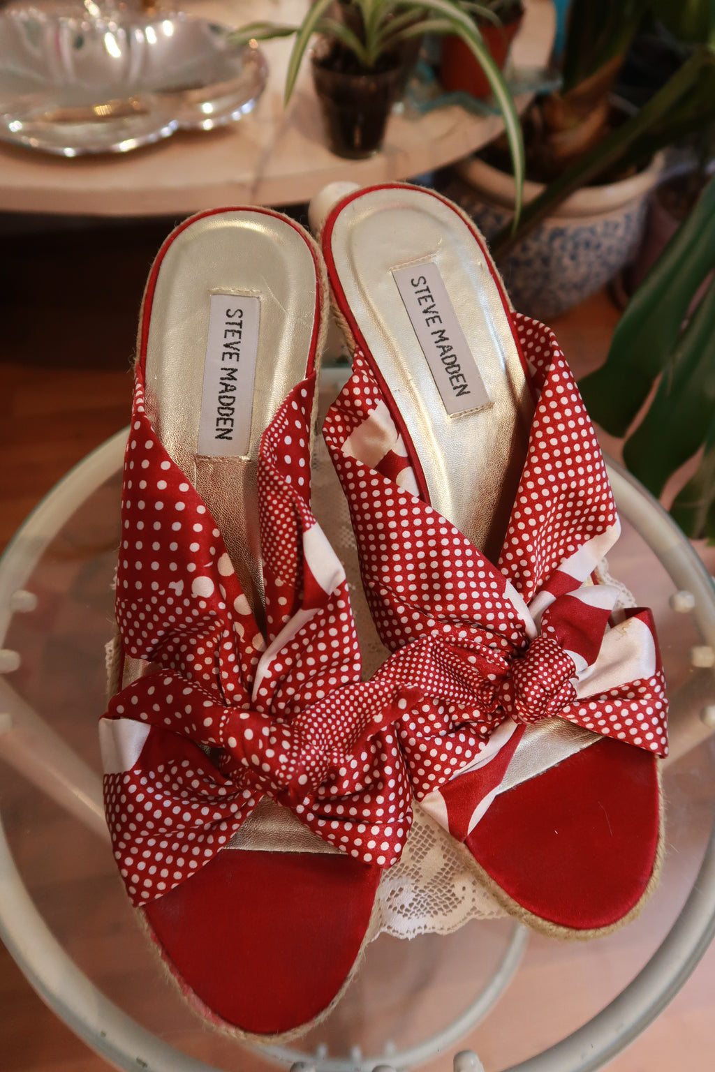Vintage Y2K Steve Madden Red Polka Dot Bow Espadrille Wedges